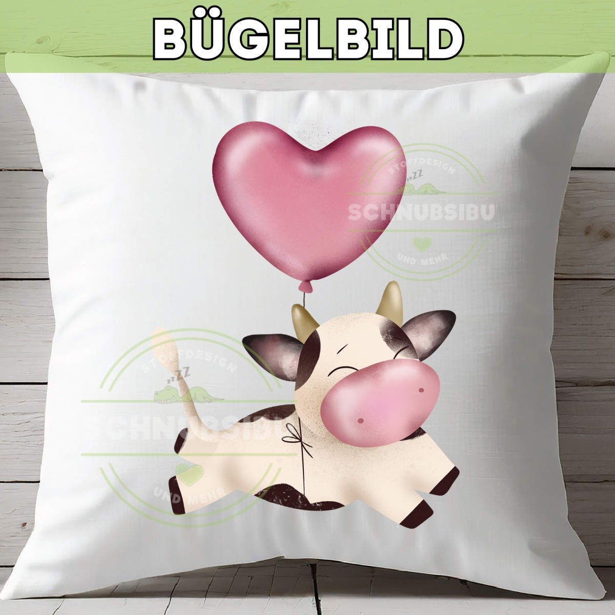 Bügelbild Kuh mit Herzballon
